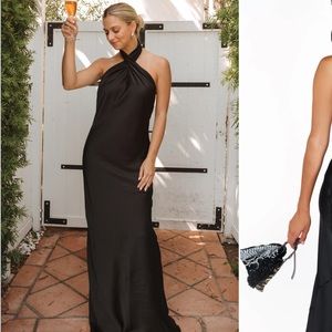 New with tags - Show Me Your Mumu, Black satin full length halter dress